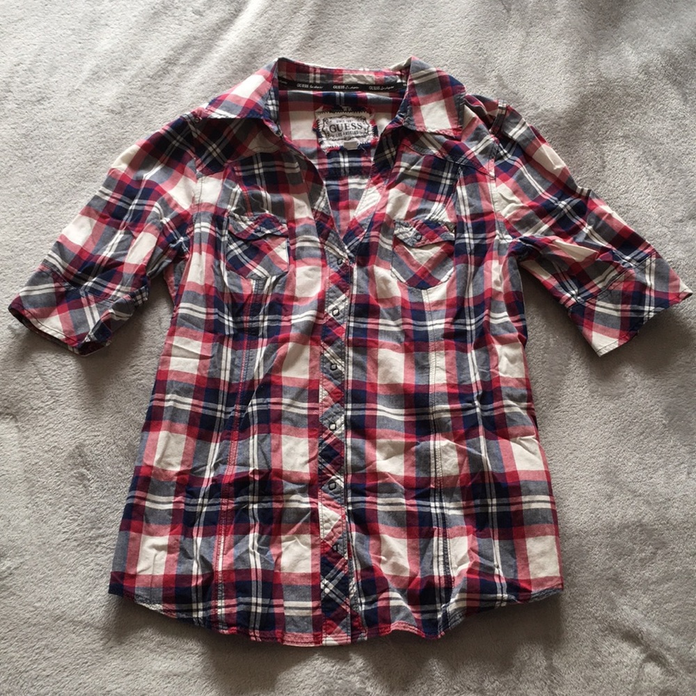 GUESS Plaid Button Down with Zipper Detail